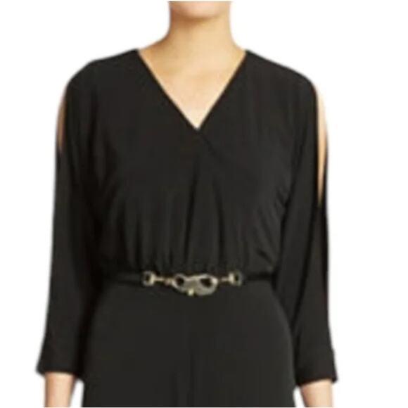 Calvin Klein NWOT Black Jumpsuit Cold Shoulder Wide Leg Pants 14 Split Sleeves - Picture 2 of 12